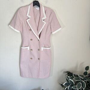 Vtg ALGO Double Breasted Dress S Suit Style Pink White Plaid Tweed Buttons